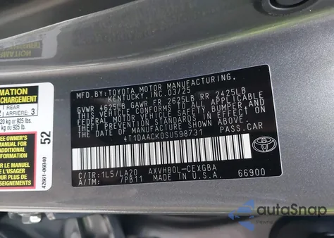 2025 Toyota Camry Xle from USA, damaged, VIN 4T1DAACK0SU598731